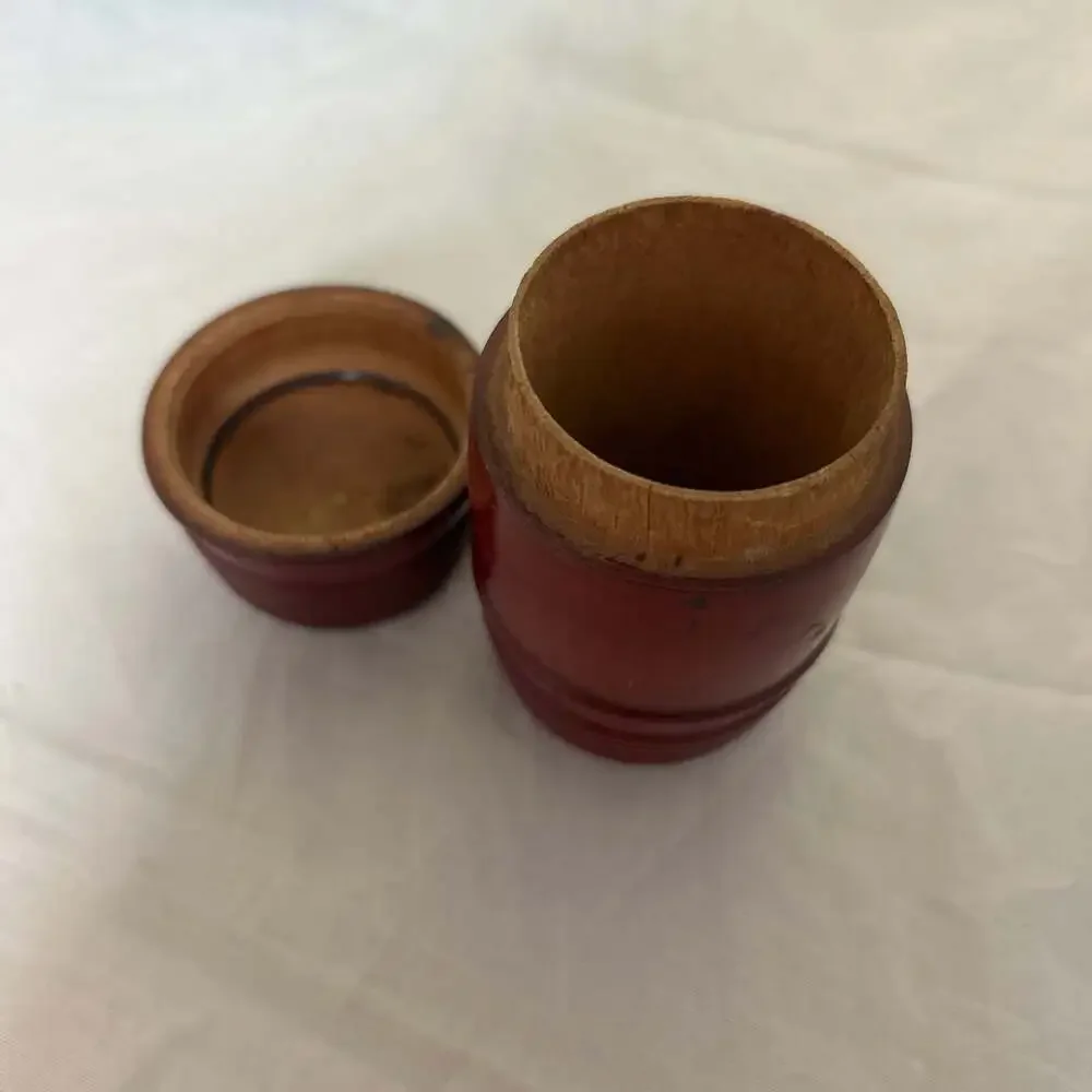 Vintage Treenware Red Lacquer Wooden Barrel Storage Box